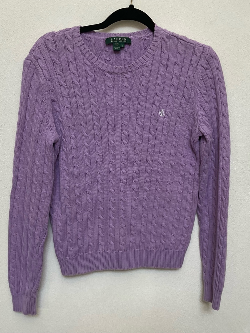 Lauren Ralph Lauren Cable Knit Lavender Crewneck Sweater Size Med Pastel Purple